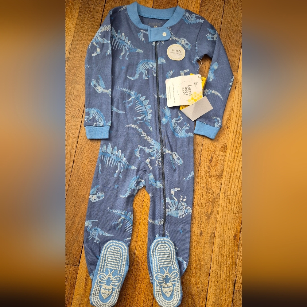 Burt's Bees Baby Dinosaur Dino Print Blue Kids One Piece Footsie Sleeper Grips